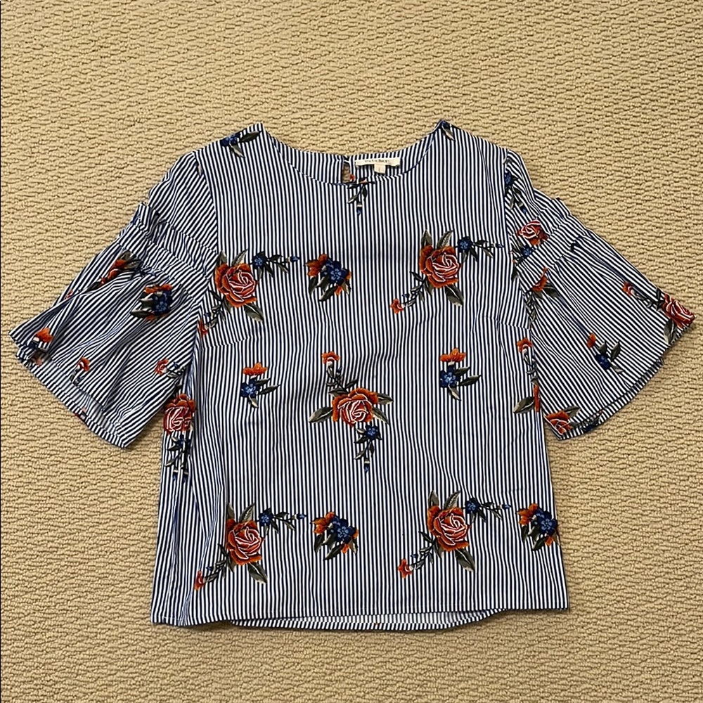 Rebellion | Floral Blue Striped Flared-Sleeve Top